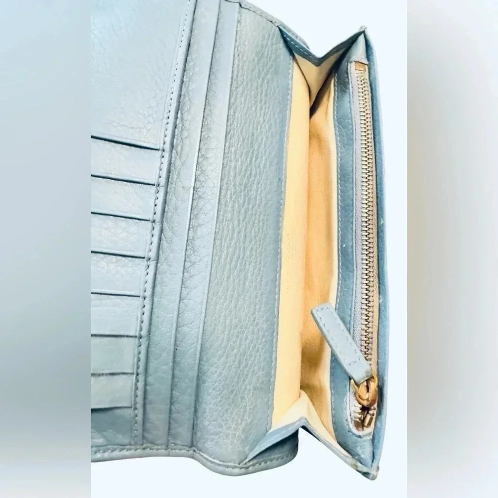Rare Bvlgari Double Logo Blue Leather Flap Trifold Long Wallet